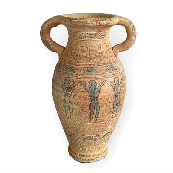 Vintage Double-Handled Rustic Terracotta Jug Vessel with People Etching Design - Picture 2 of 8